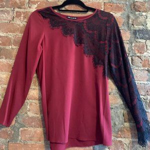 Red Asymmetrical Long-sleeve Lace Dress shirt